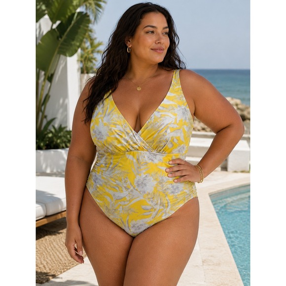 Cacique Other - Cacique Swim One Piece Swimsuit Yellow Floral Lace Up Back Ruched Plus Size 20